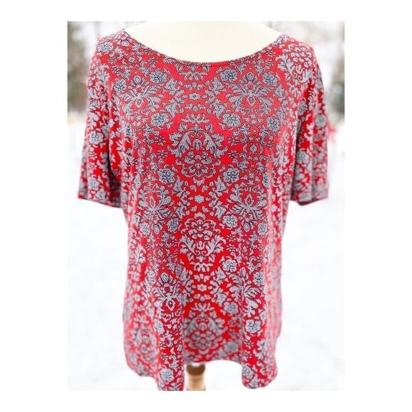 Fiori Casual Stretch Tee Shirt Red Grey Floral - Picture 1 of 7